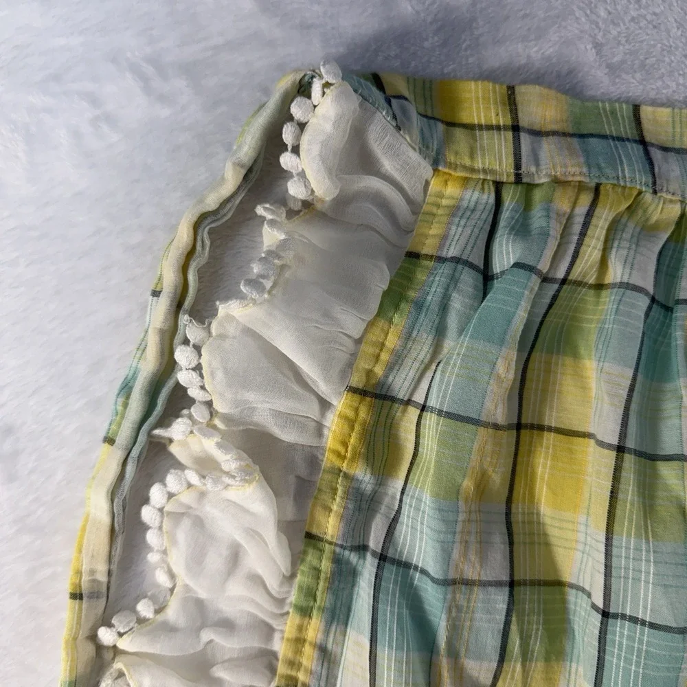 Vintage Waist HALF APRON Sheer‎ Yellow Plaid Ruffle Pom Pom Edge Women's Lovely